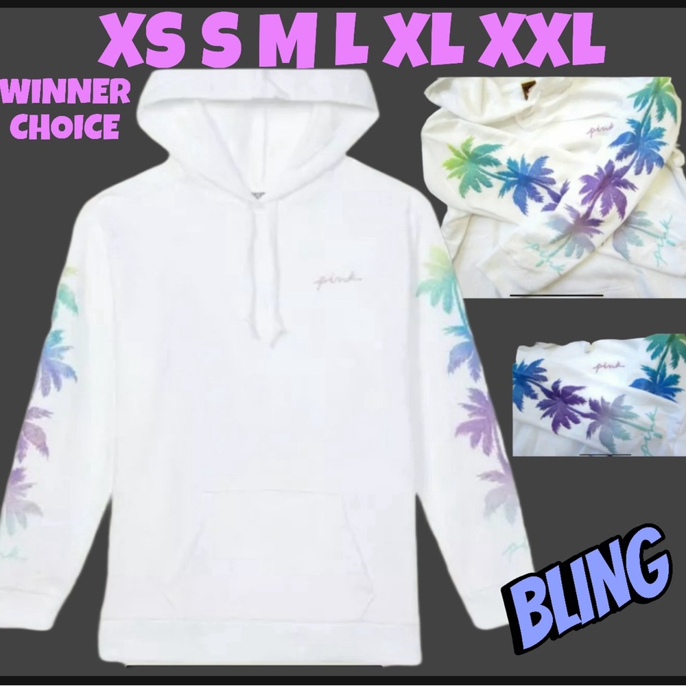 NEW LOT 3 VICTORIAS SECRET PINK BLING PALM TREE HOODIE, SHORTS & TEE SHIRT LARGE - Picture 4 of 16